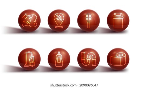 Set line Sponge, Vacuum cleaner, Trash can, Industry metallic pipe, Dishwashing liquid bottle, Home cleaning service, Toilet paper roll and brush icon. Vector