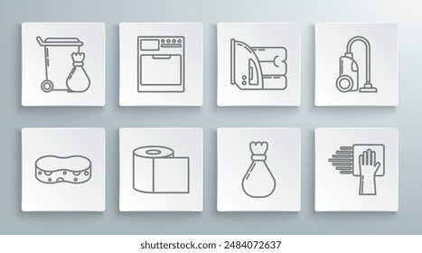 Set line Schwamm, Waschmaschine, Toilettenpapierrolle, Müllbeutel, Reinigungsservice, Elektrisches Bügeleisen und Handtuch, Staubsauger und Mülleimer-Symbol. Vektorgrafik