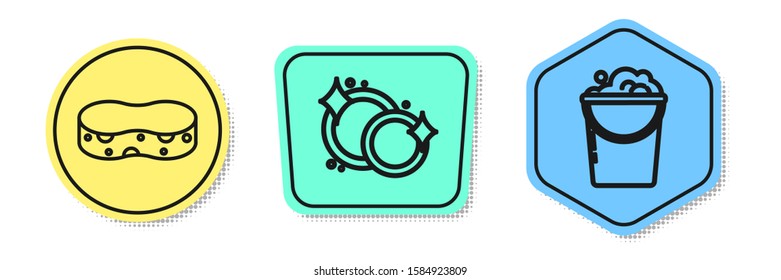 Set line Sponge , Washing dishes  and Bucket with foam and bubbles . Colored shapes. Vector