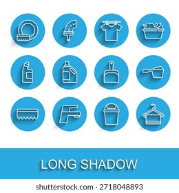 Esponja, grifo de agua, lavar platos, papelera, colgador de toallas, botella para agente de limpieza, polvo e icono de recogedor de basura. Vector