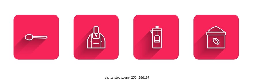 Set line Spoon, Barista, French press and Bag of coffee beans with long shadow. Red square button. Vector