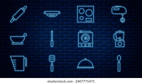 Set line Spoon, Blender, Electric stove, Knife sharpener, Mortar and pestle, Rolling pin,  and Kitchen colander icon. Vector