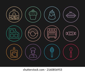 Set line Spoon, Candy, Pudding custard, Donut, Chocolate bar, Brick stove, Oven and Cake icon. Vector