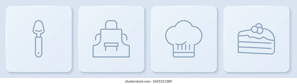 Set line Spoon, Chef hat, Kitchen apron and Piece of cake. White square button. Vector