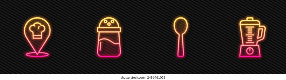 Set line Spoon, Chef hat with location, Salt and Blender. Glowing neon icon. Vector