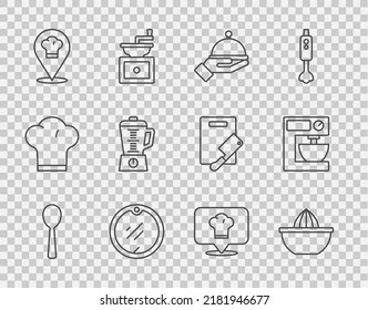 Fijar la línea Spoon, jugo de cítricos, Cubierto con bandeja, Tablero de corte, Localización de sombrero de chef, Blender e icono de mezclador eléctrico. Vector