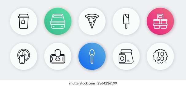 Set line Spoon, Coffee cup to go, Round the clock delivery, Online ordering food, Ice cream, Slice pizza,  and Food mobile icon. Vector