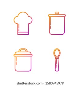 Set line Spoon , Cooking pot , Chef hat  and Cooking pot . Gradient color icons. Vector