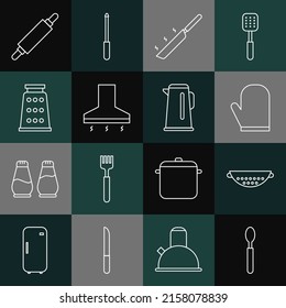 Set line Spoon, Kitchen colander, Oven glove, Frying pan, extractor fan, Grater, Rolling pin and Kettle with handle icon. Vector
