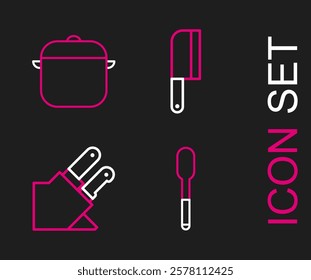 Set line Spoon, Knife, Meat chopper and Cooking pot icon. Vector