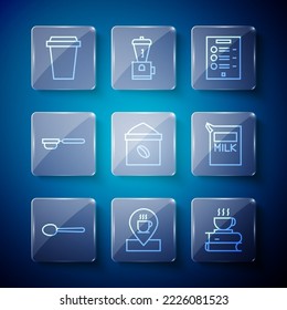 Set line Spoon, Location with coffee cup, Coffee and book, menu, Bag beans, filter holder, to go and Paper package for milk icon. Vector
