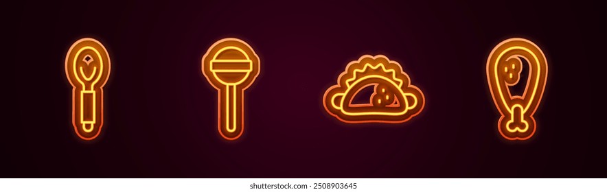 Set line Spoon, Lollipop, Taco with tortilla and Chicken leg. Glowing neon icon. Vector