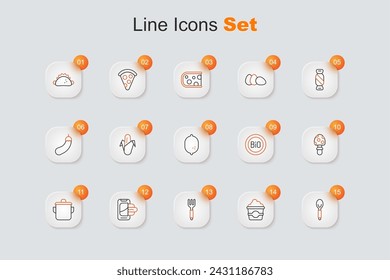 Set line Cuchara, Palomitas de maíz en caja de cartón, Tenedor, Ordenador de alimentos móvil, Olla de cocina, Fly seta de agaric, Banner para bio y el icono de limón. Vector