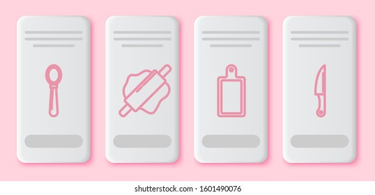 Set line Spoon , Rolling pin , Cutting board  and Knife . White rectangle button. Vector