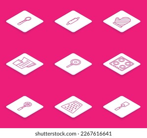 Set line Spoon, Rolling pin, Oven glove, Measuring cup, Frying pan, Gas stove, Spatula and Grater icon. Vector