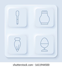 Set line Spoon, Salt and pepper, Pastry bag for decorate cakes and Chicken egg on a stand. White square button. Vector