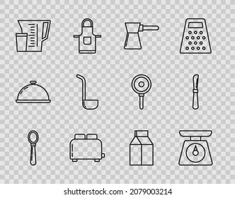 Set line Spoon, Scales, Coffee turk, Toaster with toasts, Measuring cup, Kitchen ladle, Paper package for milk and Knife icon. Vector