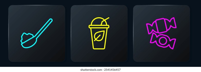 Set line Spoon with sugar, Candy and Cup of tea leaf. Black square button. Vector