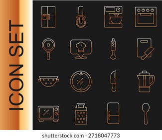 Cuchara, Tetera, Tabla de cortar y cuchillo, Mezclador eléctrico, Sombrero de chef con la ubicación, Sartén, Refrigerador e icono de la licuadora. Vector