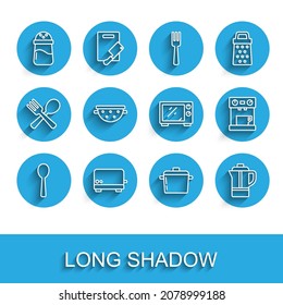Set line Spoon, Toaster, Salt, Cooking pot, Teapot, Kitchen colander, Coffee machine and Microwave oven icon. Vector