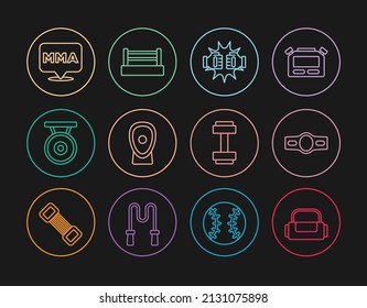 Set line Sport bag, Boxing belt, Punch boxing gloves, training paws, Gong, Fight club MMA, Dumbbell and ring icon. Vector