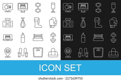 Set line Sport bag, Dumbbell, Boxing glove, Punching, mechanical scoreboard,  and boxing shoes icon. Vector