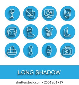 Set line Sport bag, Dumbbell, Punching, Smart watch with heart, mechanical scoreboard, boxing shoes,  and Medal icon. Vector