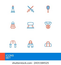 Set line Sport bag, expander, Jump rope, Medal, Badminton shuttlecock, Pommel horse, Tennis racket and Fencing icon. Vector