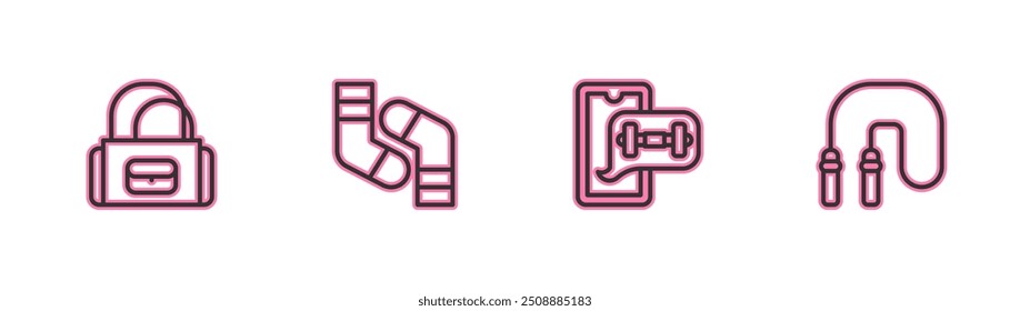 Set line Sport bag, Fitness app, Socks and Jump rope icon. Vector