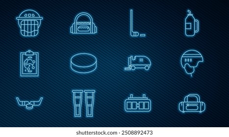 Set line Sport bag, Hockey helmet, Ice hockey stick and puck, Planning strategy, resurfacer and  icon. Vector