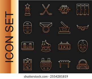 Set line Sport bag, Hockey mask, Ice hockey sticks and puck, table, Medal, rink, Award cup and champion icon. Vector