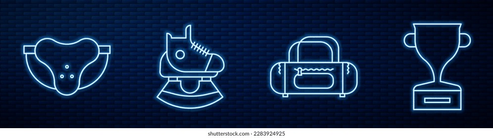 Set line Sport bag, Protective sport jockstrap, Skates, Award cup and Sport bag. Glowing neon icon on brick wall. Vector