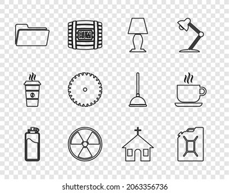 Set line Sport bottle with water, Canister for gasoline, Table lamp, Radioactive, Folder, Circular saw blade, Church building and Coffee cup icon. Vector