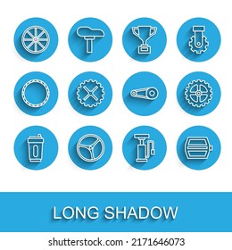 Set line Sport bottle with water, Bicycle wheel, air pump, pedal, sprocket crank,  and chain gear icon. Vector