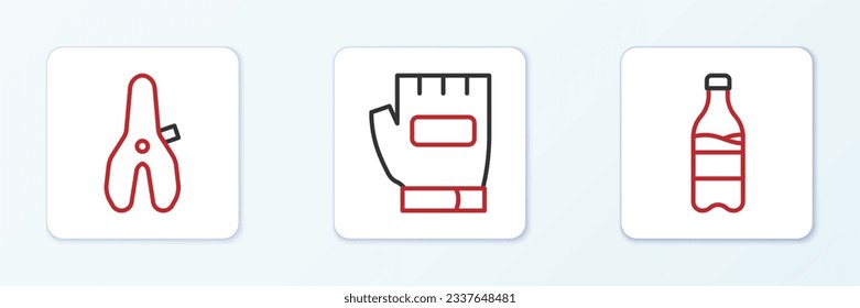 Set line Sport bottle with water, Bicycle seat and Gloves icon. Vector