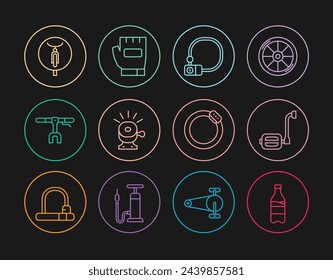 Set line Sport bottle with water, Bicycle pedal, lock, bell, handlebar, brake disc and Gloves icon. Vector