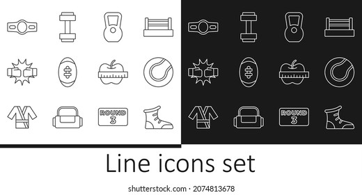 Set line Sport boxing shoes, Tennis ball, Kettlebell, American Football, Punch gloves, Boxing belt, Apple and measuring tape and Dumbbell icon. Vector