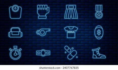 Set line Sport boxing shoes, American Football ball, Boxing short, Whistle, bag, Bathroom scales, T-shirt with fight club MMA and glove icon. Vector