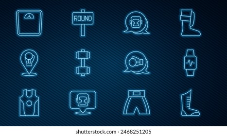 Set line Sport boxing shoes, Smart watch with heart, Boxing helmet, Dumbbell, glove, Bathroom scales,  and ring board icon. Vector