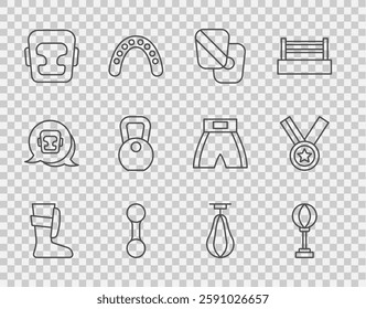 Set line Sport boxing shoes, Punching bag, Boxing training paws, Dumbbell, helmet, Weight,  and Medal icon. Vector