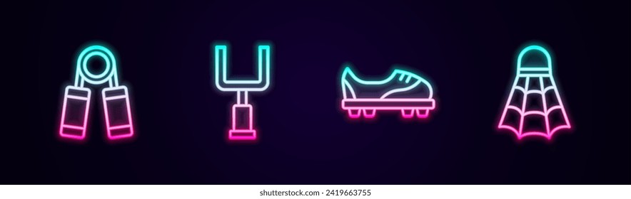 Set line Sport expander, American football goal post, Football shoes and Badminton shuttlecock. Glowing neon icon. Vector