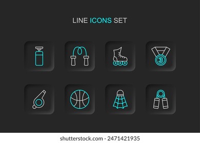 Set line Sport expander, Badminton shuttlecock, Basketball ball, Whistle, Medal, Roller skate, Jump rope and Punching bag icon. Vector