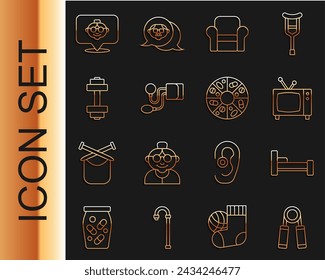Ampliador deportivo, cama, tv retro, sillón, presión arterial, mancuerna, abuela y el icono de la píldora de vitaminas. Vector
