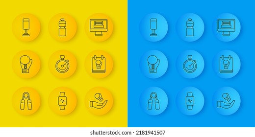 Set line Sport expander, Boxing glove, Stopwatch, Punching bag, ring and Fitness shaker icon. Vector