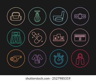 Set line Sport expander, Boxing ring board, Ice hockey stick puck, Vitamin pill, short, bag, Award over sports winner podium and Punching icon. Vector