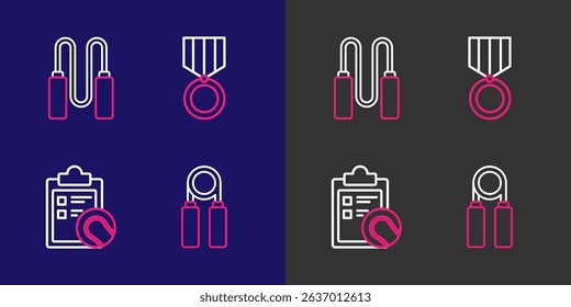 Set line Sport expander, Checklist clipboard tennis ball, Medal and Jump rope icon. Vector