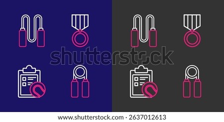 Set line Sport expander, Checklist clipboard tennis ball, Medal and Jump rope icon. Vector