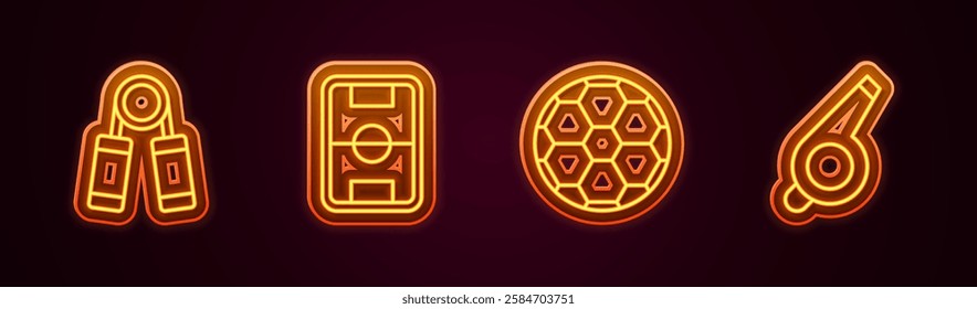 Set line Sport expander, Football field, Soccer football and Whistle. Glowing neon icon. Vector