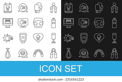 Set line Sport expander, Punching bag, Fitness shaker, Boxing glove, ring,  and helmet icon. Vector