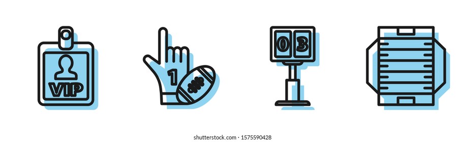 Set line Sport football mechanical scoreboard and result display, VIP badge, Number 1 one fan hand glove with finger raised and american football ball and American football field icon. Vector